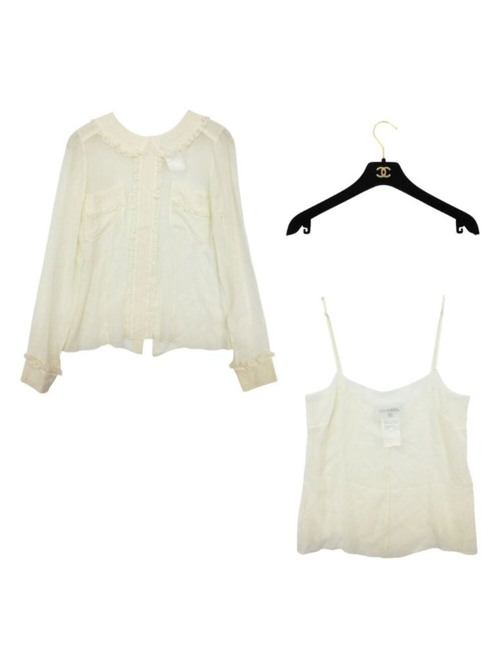 Chanel Blouse Ensemble Silk 100% Sheer Long Sleeve Shirt Camisole Top Ivory - Picture 1 of 10